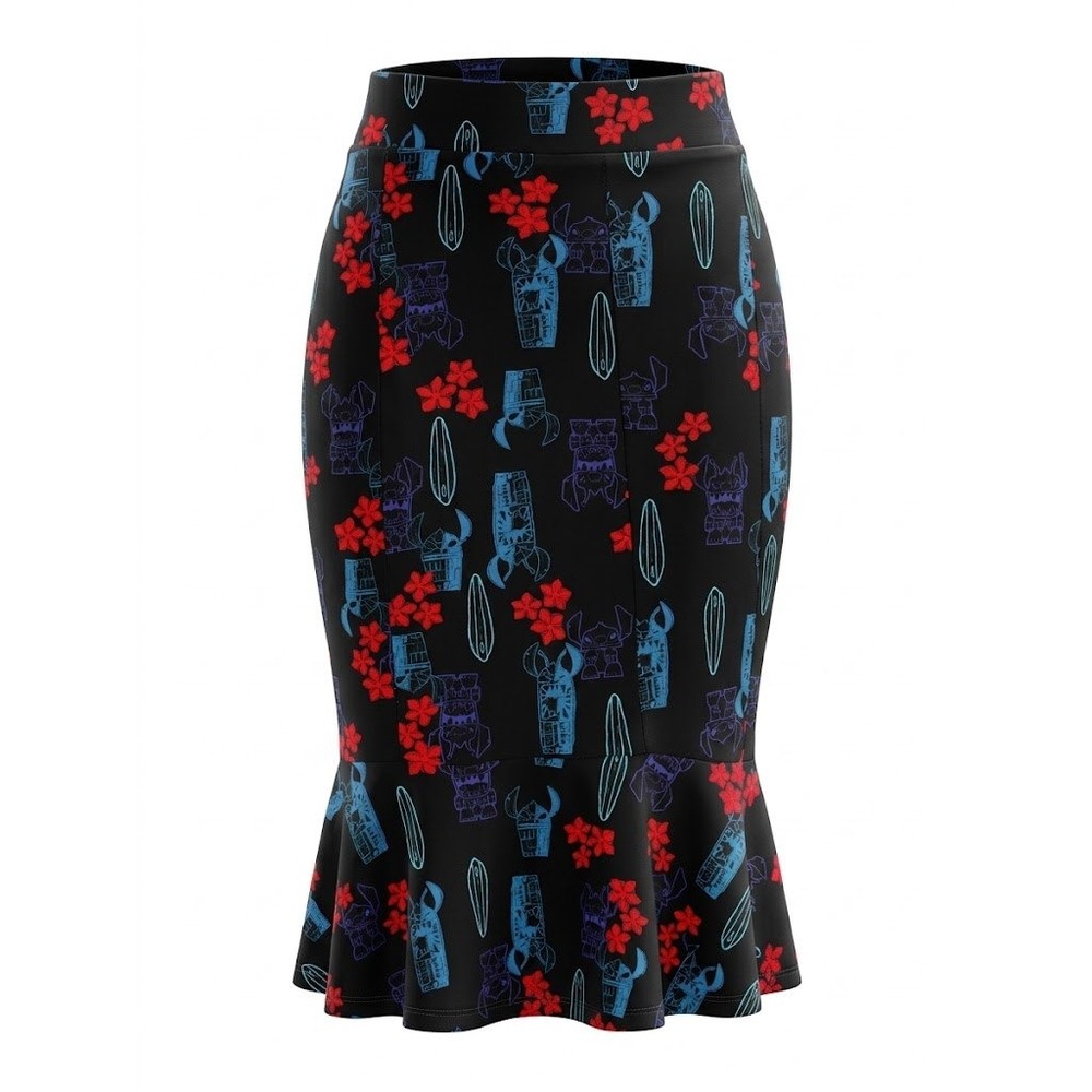NWT Disney Skirt Women S Black Lilo & Stitch Mermaid Tropical Hawaiian Surf Tiki